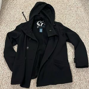 Women’s button up black jacket with hood size large